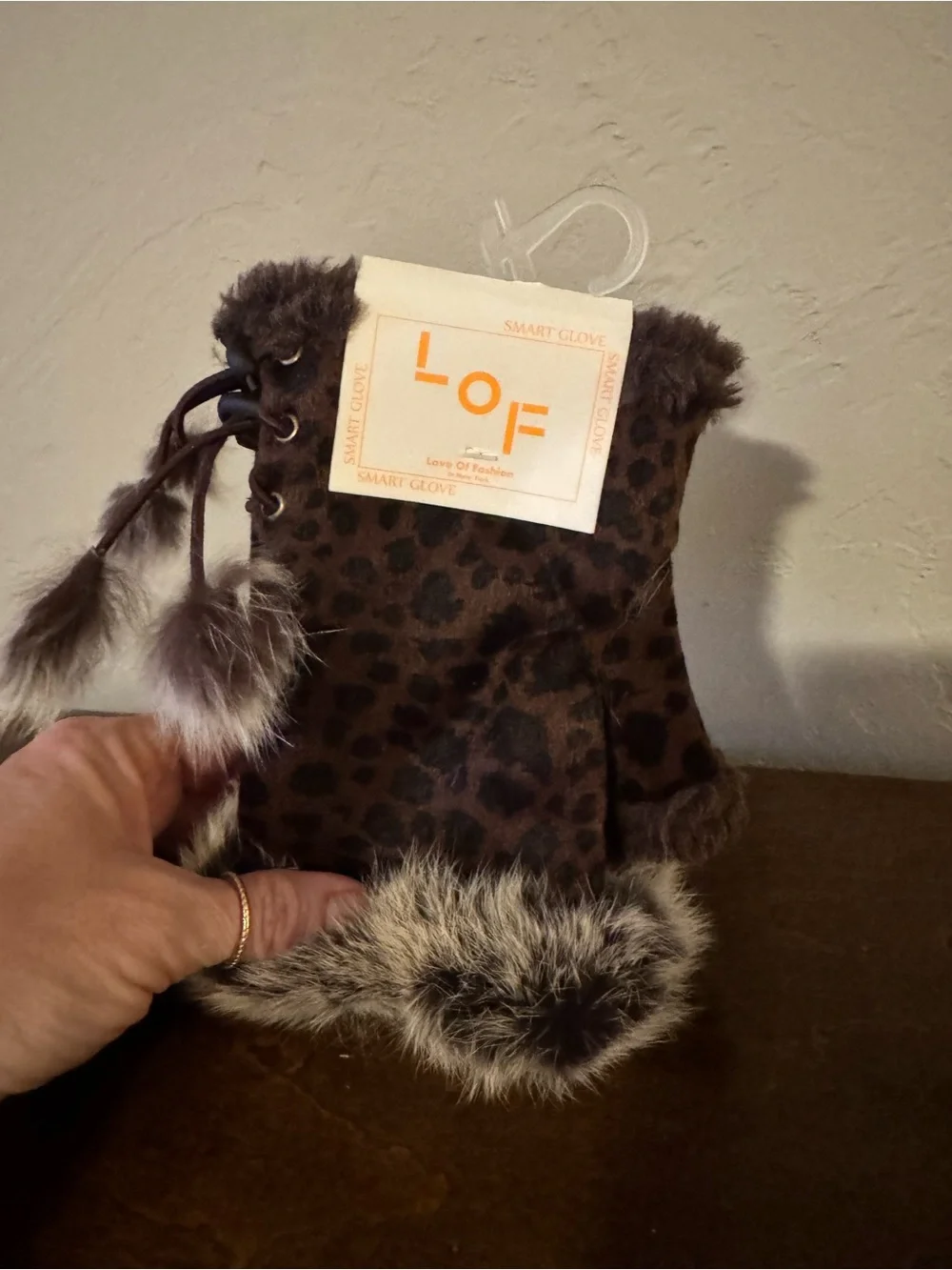 LOF Leopard-Print Faux Fur Cuff Fingerless Smart Glove - Brown